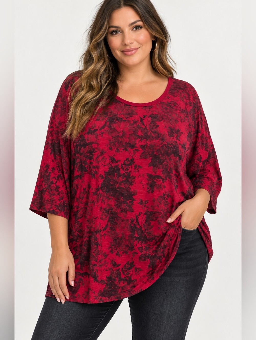 Torrid Size 3 3X Red Black Floral Relaxed Fit Dolman Sleeve Tunic Top